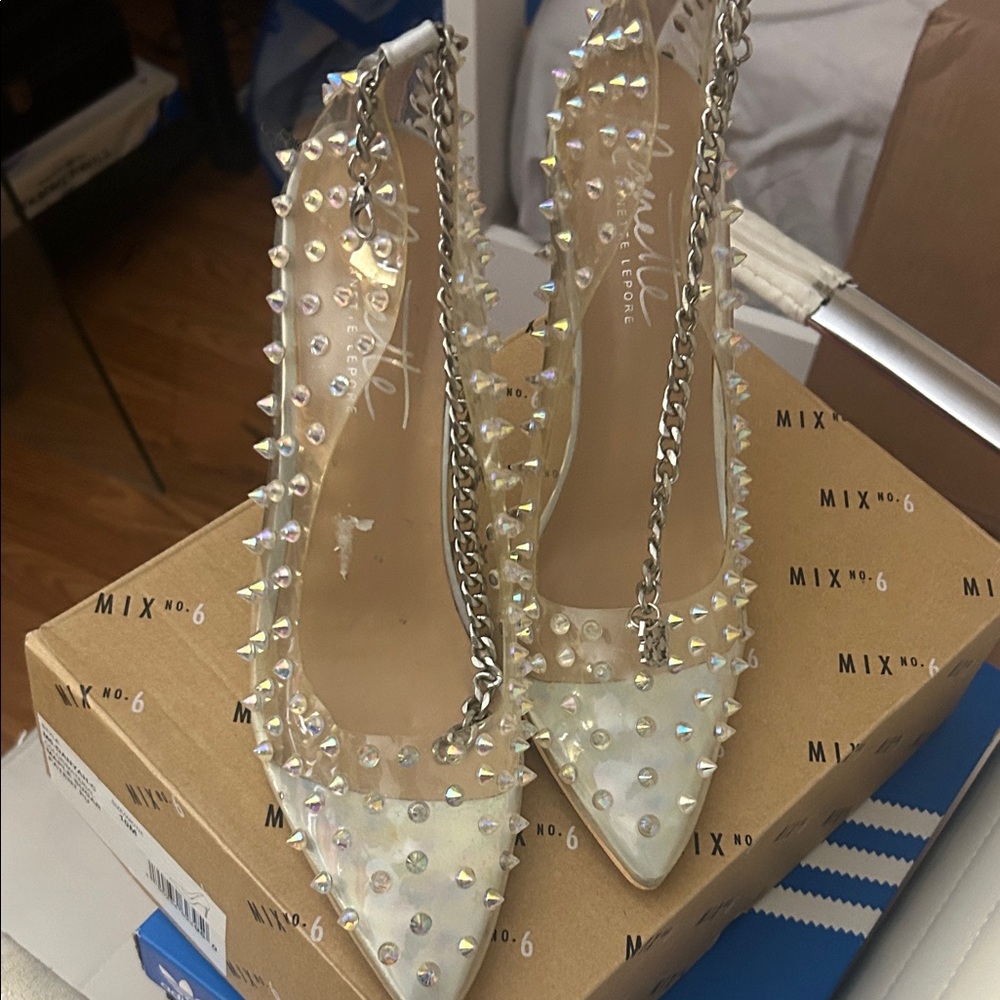 Mix No. 6 Women's Clear Studded Heels with Chain